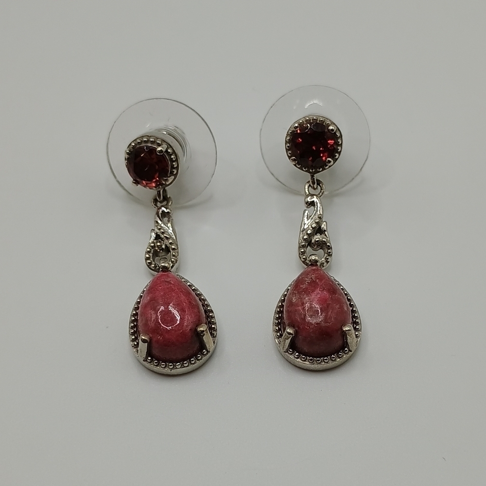 Sterling Silver Red Garnet And Norwegian Thulite Drop Earrings